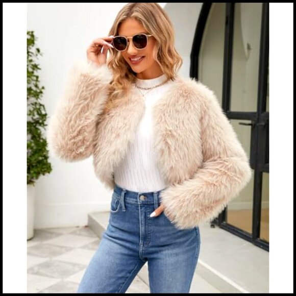 Cropped Faux Fur Jacket Long Sleeve Open Front Chic Winter Coat Y2K - Picture 2 of 7